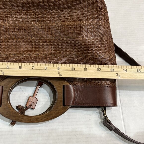 Vintage Fossil Shoulder Bag Wood Handle Rattan Brown Woven Wicker Dbl Handle - Picture 11 of 13